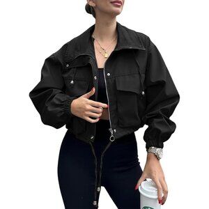 Womens Black Tankaneo Cropped Jacket Zip Up Oversized Utility Anorak Coat